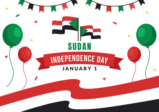 Sudan Independence Day on on January 1st with Flags and Sudanese National Holiday in Flat Cartoon Background Hand Drawn Templates Illustration