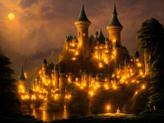 Fototapeta na wymiar Yellow lighted castle in dusk 3d illustration