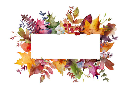 Watercolor illustration of autumn leaves and berries. Frame or template for the Thanksgiving holiday. Autumn botanical background for posters, greetings, wedding invitations, banners, wallpapers.