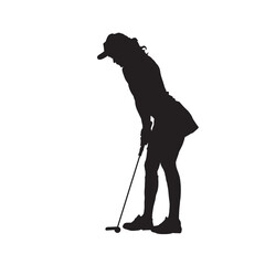 Young Female golfer isolated vector silhouette on white.