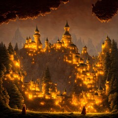 Fototapeta na wymiar Yellow lighted castle in dusk 3d illustration