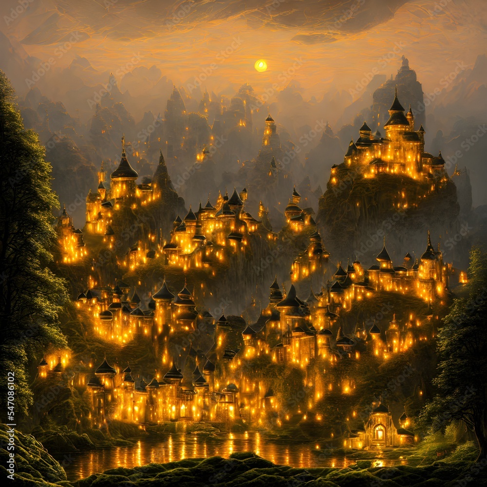 Sticker Yellow lighted castle in dusk 3d illustration