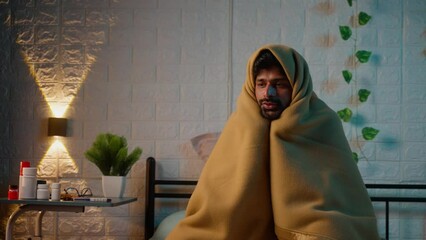 Shivering young man woke at night due to freezing cold at night on bedroom during winter - concept of sick, fever and unwell.