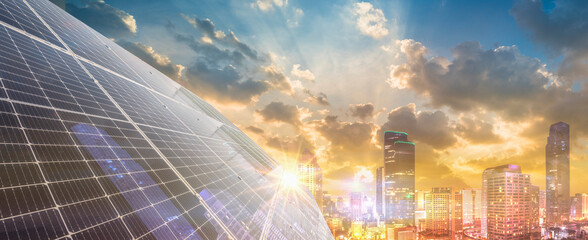 Sun rays over solar panel, Solar energy, Renewable energy concept. 