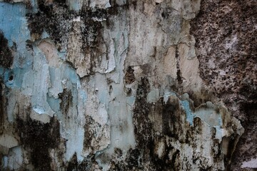 A weathered concrete wall with cracks and peeling paint, showing signs of age and decay.