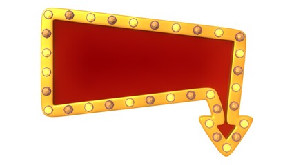 Red arrow frame gold border light retro advertising sign on white background. 3d rendering