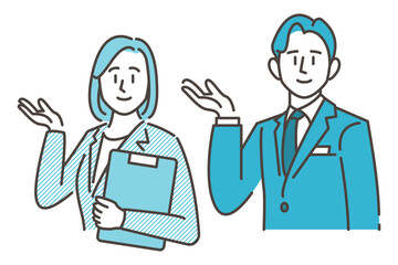 young male and female business people in suits who guide and introduce with a smile (vector illustration material) - obrazy, fototapety, plakaty