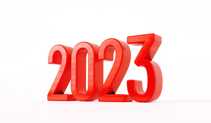 Happy new year 2023 text. Red text of 2023 on white background. 3d rendering.