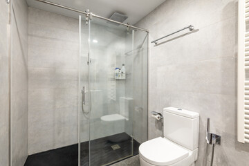 Simple bathroom with shower zone, white toilet and gray tiles. Interior of refurbushed apartment.