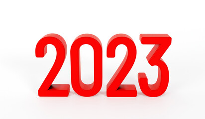 Happy new year 2023 text. Red text of 2023 on white background. 3d rendering.