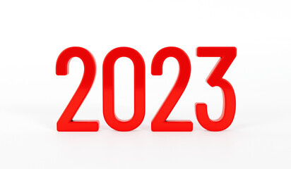 Happy new year 2023 text. Red text of 2023 on white background. 3d rendering.