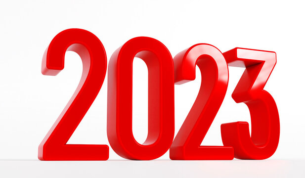 Happy new year 2023 text. Red text of 2023 on white background. 3d rendering.