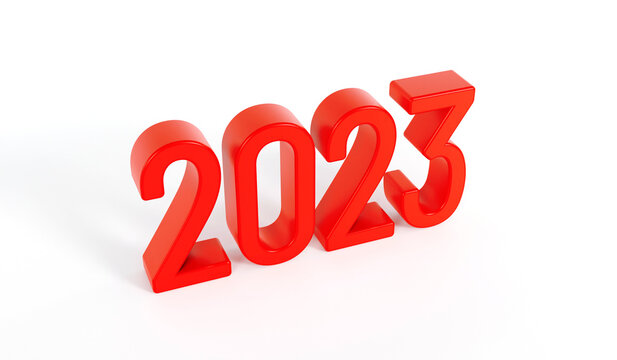 Happy new year 2023 text. Red text of 2023 on white background. 3d rendering.