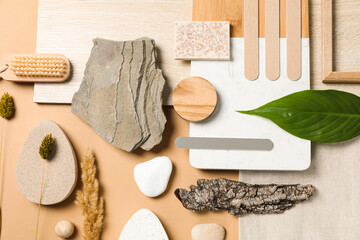 Flat lay of creative moodboard composition, top view