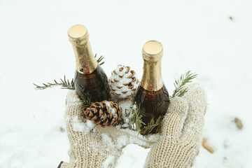 Female hands in mittens holding champagne bottles, twigs and cones outdoor