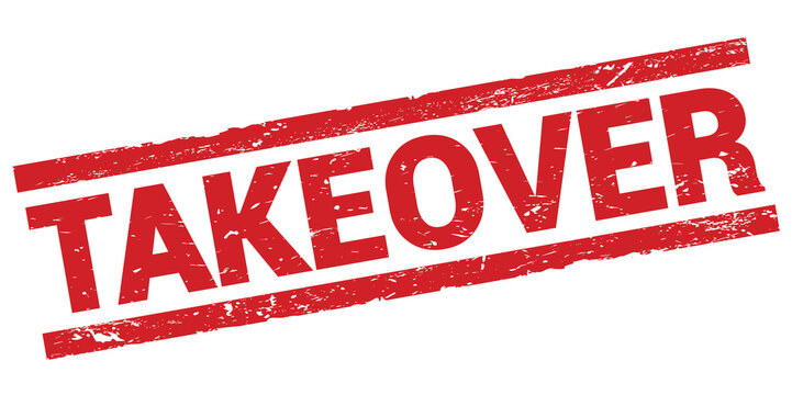 TAKEOVER text on red rectangle stamp sign.