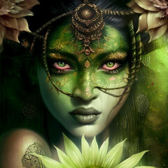 Apsara Dancer, Apsara Khmer Priestess, Ceremonial headdress and ritual facial markings