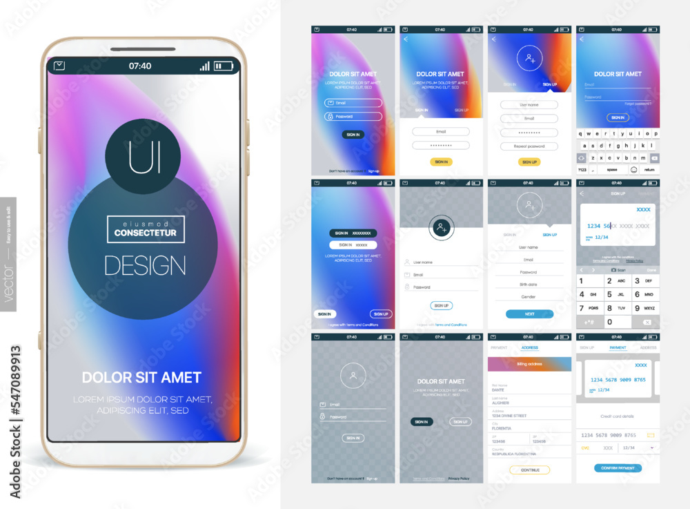 Wall mural mobile app design, ui, ux, gui mockups set. enter login and password and a screen with a choice of r