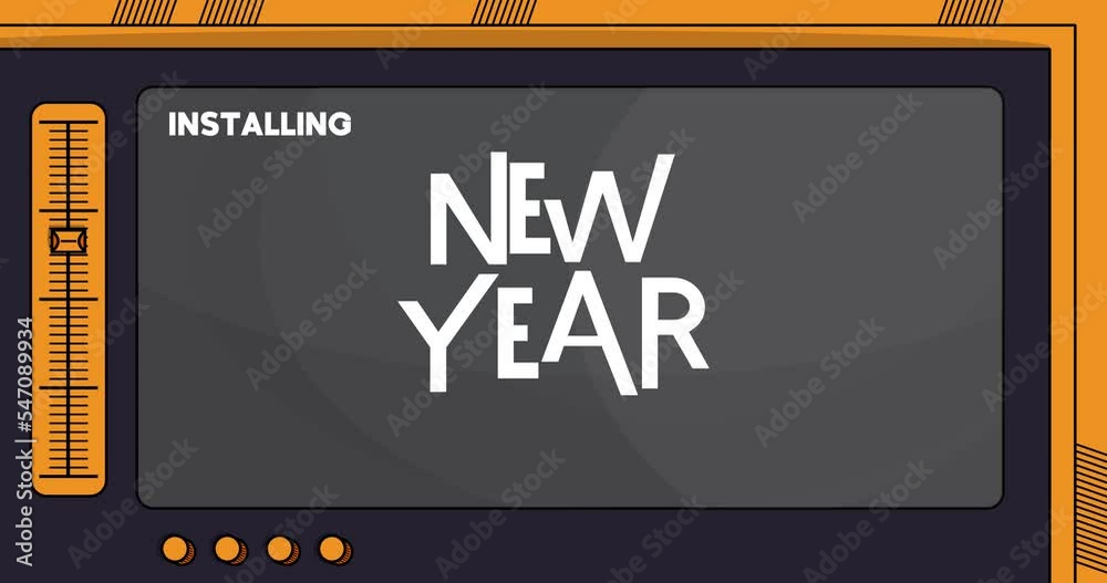 Poster cartoon computer with the word happy new year. video message of a screen displaying an installation 