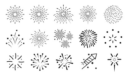 Different Flat Firework Icons Set - Vector Illustrations Isolated On White Background - obrazy, fototapety, plakaty