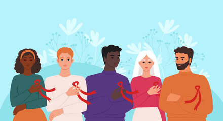 World AIDS Day. A group of people of different nationalities with red ribbons, a symbol of the fight against HIV. Vector illustration. - obrazy, fototapety, plakaty