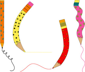 Vector set of pencils of different shapes and colors on a white background, writing utensils, cartoon style