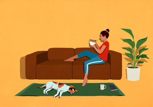Dog sleeping below woman relaxing, eating on sofa at home
