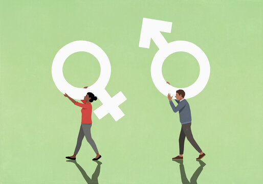 Couple carrying gender symbols on green background
