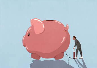 Businessman inflating large piggy bank with bicycle pump
