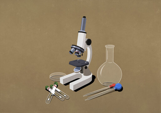 Science microscope, beaker, pipettes, and test tubes
