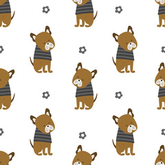 Funny dogs seamless pattern with simple flowers.