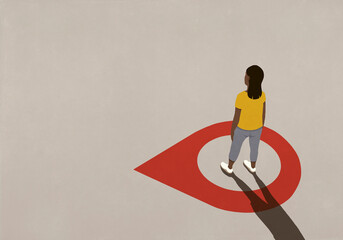 Woman standing in the center of map pin icon
