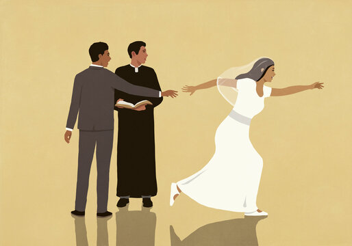 Priest and groom watching bride running away
