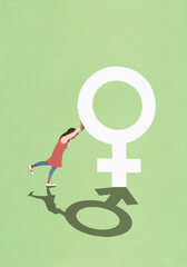 Woman pushing female gender symbol with male gender shadow
