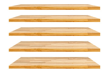 Realistic empty wooden store shelves set. Product shelf with wood texture. Grocery wall rack.