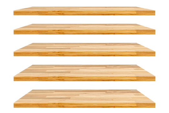 Realistic empty wooden store shelves set. Product shelf with wood texture. Grocery wall rack.