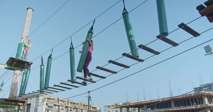Fun adventures at the adrenaline park at sunset