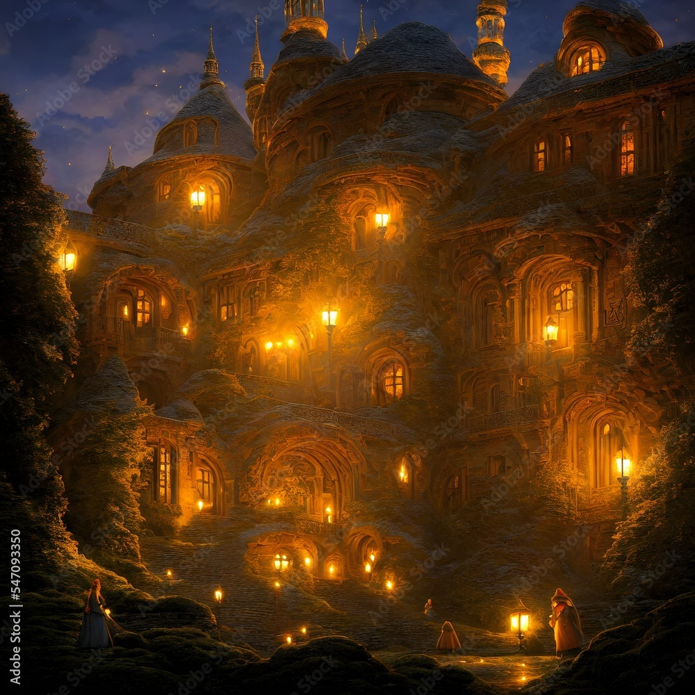 Canvas Prints Yellow lighted castle in dusk 3d illustration