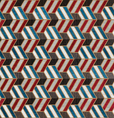 Abstract geometric wood pattern with lines. A seamless vector background. Blue black and red wood texture.  