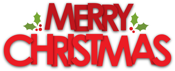 MERRY CHRISTMAS red typography banner with holly on transparent background