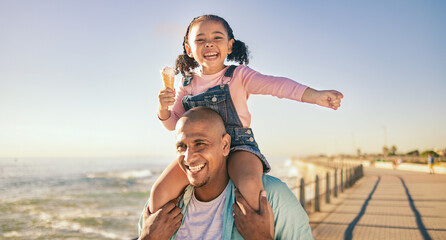 Family, children and piggyback with a father and daughter eating ice cream while walking on the promenade together. Sky, nature and kids with a man and girl bonding with the sea or ocean at the beach - Powered by Adobe