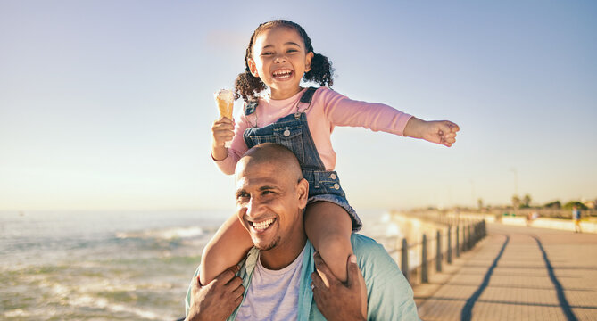 Family, children and piggyback with a father and daughter eating ice cream while walking on the promenade together. Sky, nature and kids with a man and girl bonding with the sea or ocean at the beach