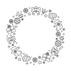 Christmas wreath from hand drawn winter holiday elements. Outline icons set. Isolated vector illustration. New Year's line composition.