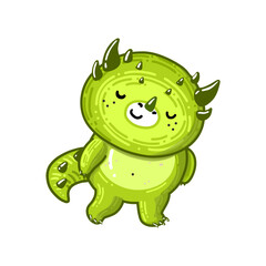 Fototapeta premium Adorable green character in carton style. Cute little dragon is dreaming about mythical world woth different creatures