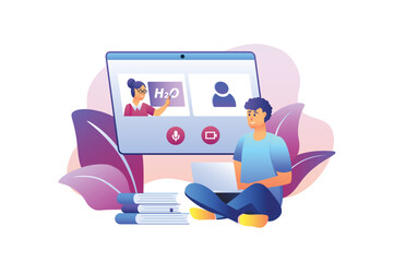 Online education violet gradient concept with people scene in the flat cartoon style. Guy with books sits at the computer and listens to the teacher's explanation. Vector illustration.