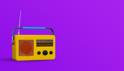 Creative idea. Concept classic radio 3d with purple background. 3d render
