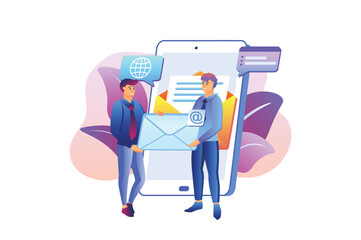 Mail service violet gradient concept with people scene in the flat cartoon design. Boys send letters through an e-mail box. Vector illustration.