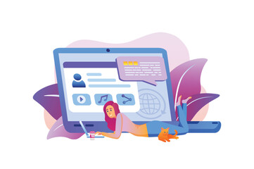 Work from home violet gradient concept with people scene in the flat cartoon design. Girl is completing different tasks on the laptop in home. Vector illustration.