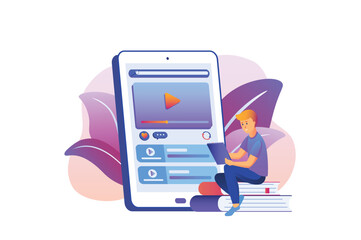 Video lessons violet gradient concept with people scene in the flat cartoon design. Students watching a video lesson recorded by the teacher. Vector illustration.