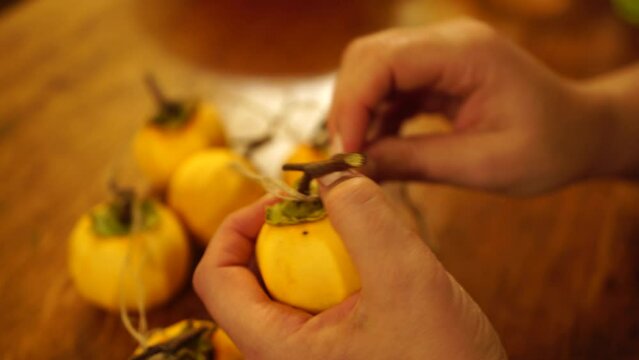 Woman hands preparing fresh persimmon fruit for drying, lined up on a rope. Row of Hanging Japanese dried Persimmon - Hoshigaki on strings to preserved it in autumn season. Selective focus